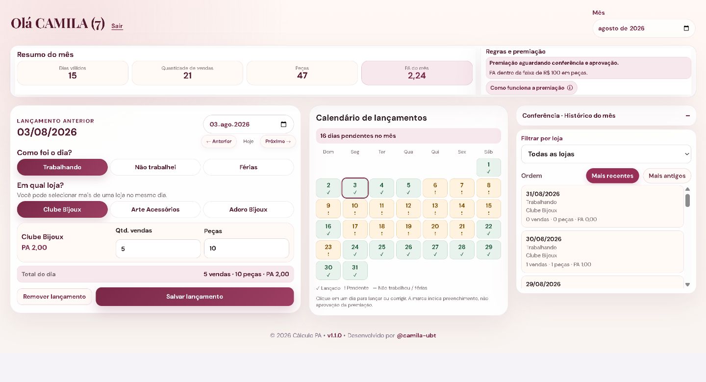 Painel do sistema Cálculo PA